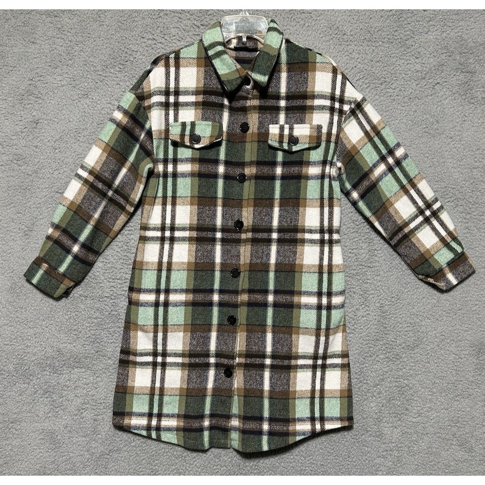Womens Pretty Garden Shirt Dress Plaid Fleece Green Brown Midi Long Sleeves M